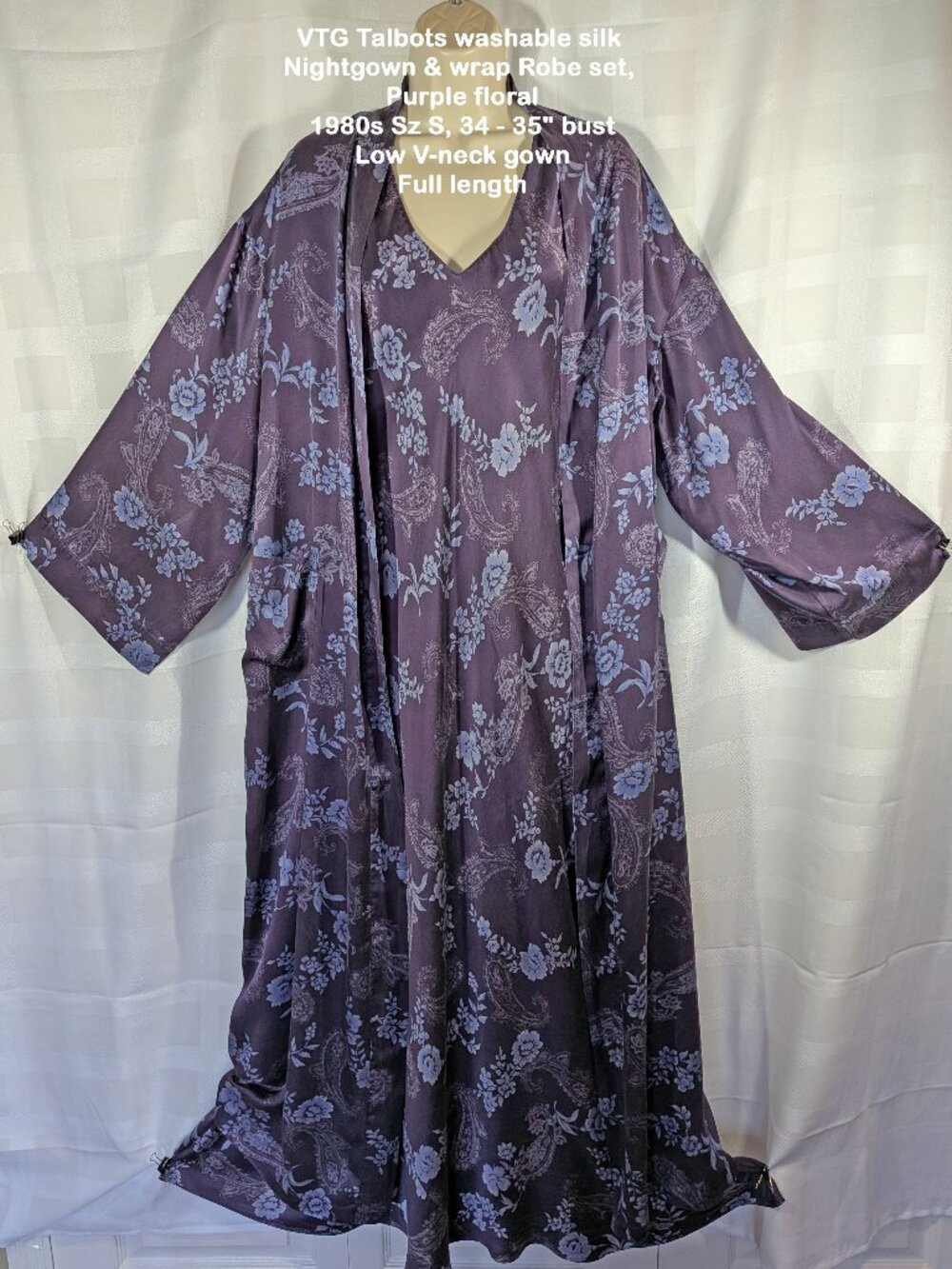 VTG Talbots washable silk Nightgown & wrap Robe set, Purple floral, 1980s Sz S